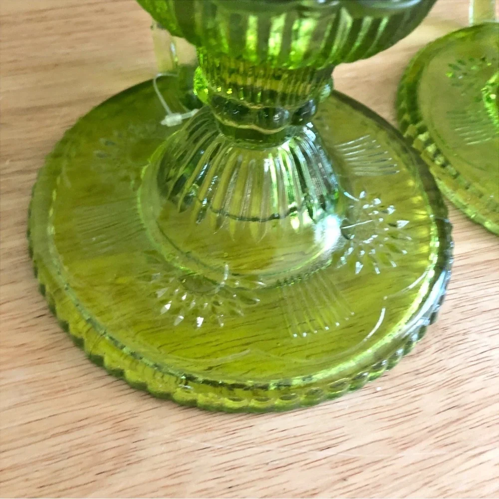 Pier 1 Imports Green Pressed Glass Chambersticks Taper Candlestick Holders Set 2